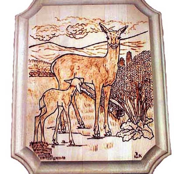 DOE & FAWN AND ELK, TWO HAND DONE WOODBURNING ART, SIGNED, ONE OF A KIND, LOTS - Picture 1 of 2